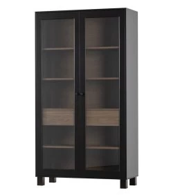 WOOOD Goos 2-deurs Vitrinekast - Grenen - Zwart/Walnoot - 200x110x44